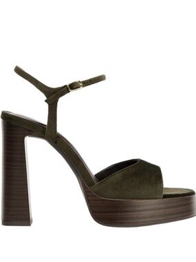 Zara Khaki Olive velvet effect Platform Sandals with Ankle Strap Olive Suede 7.5